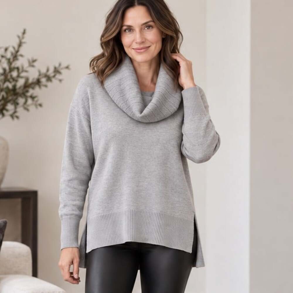 H Halston 100% Merino Wool Grey Cowl Neck Sweater | Quiet Luxury L